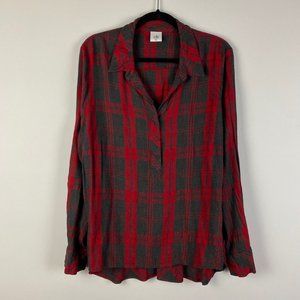 CAbi #3587 Womens Cunningham Popover Top Size XL Red Gray Plaid Long Sleeve